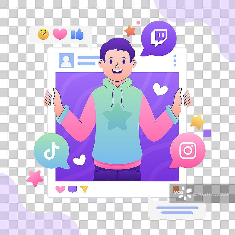 社交媒体影响者动画与流行元素图片素材