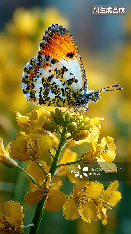 【AI数字艺术】橙白蝴蝶停驻黄色花朵之上图片素材