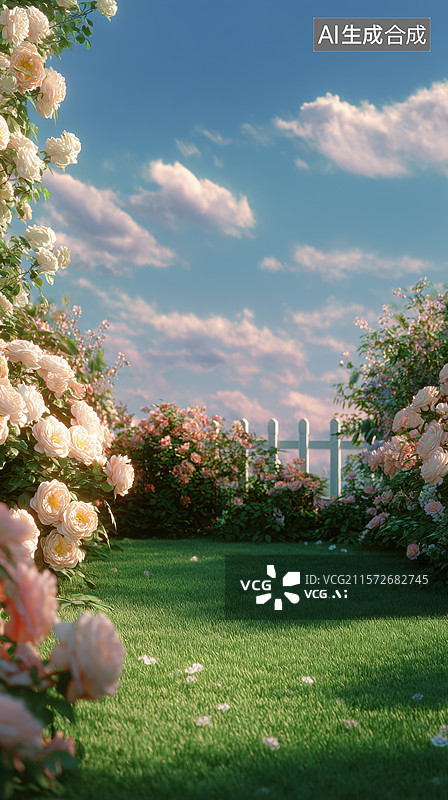 【AI数字艺术】玫瑰花丛中的白色栅栏小径图片素材