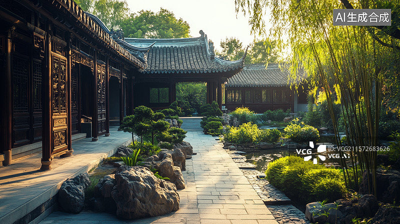 【AI数字艺术】古典园林庭院，绿植环绕，宁静雅致图片素材