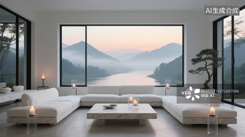 【AI数字艺术】现代客厅与山湖美景图片素材