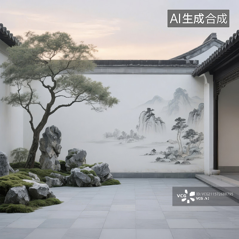 【AI数字艺术】中式庭院，墙绘山水与松石相映图片素材