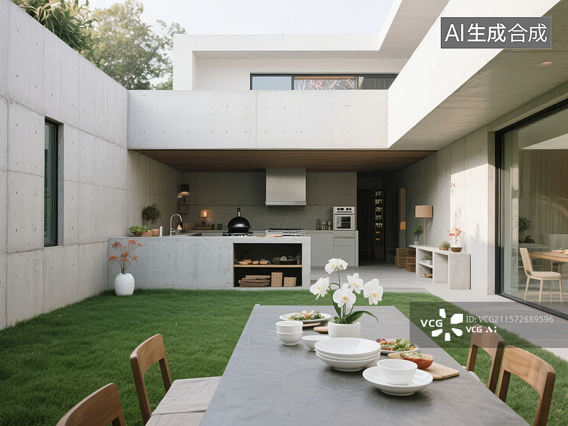 【AI数字艺术】现代庭院露天厨房与餐桌布置图片素材
