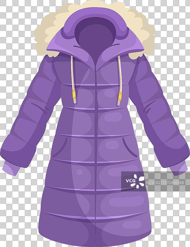 一件带有毛皮边缘帽子的紫色冬季外套图片素材