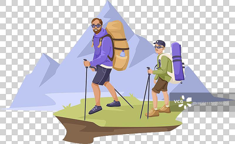 两名背包客在山上行走图片素材