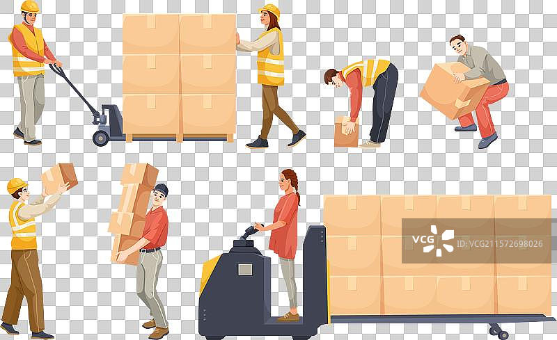 穿着制服的工人在处理包裹图片素材