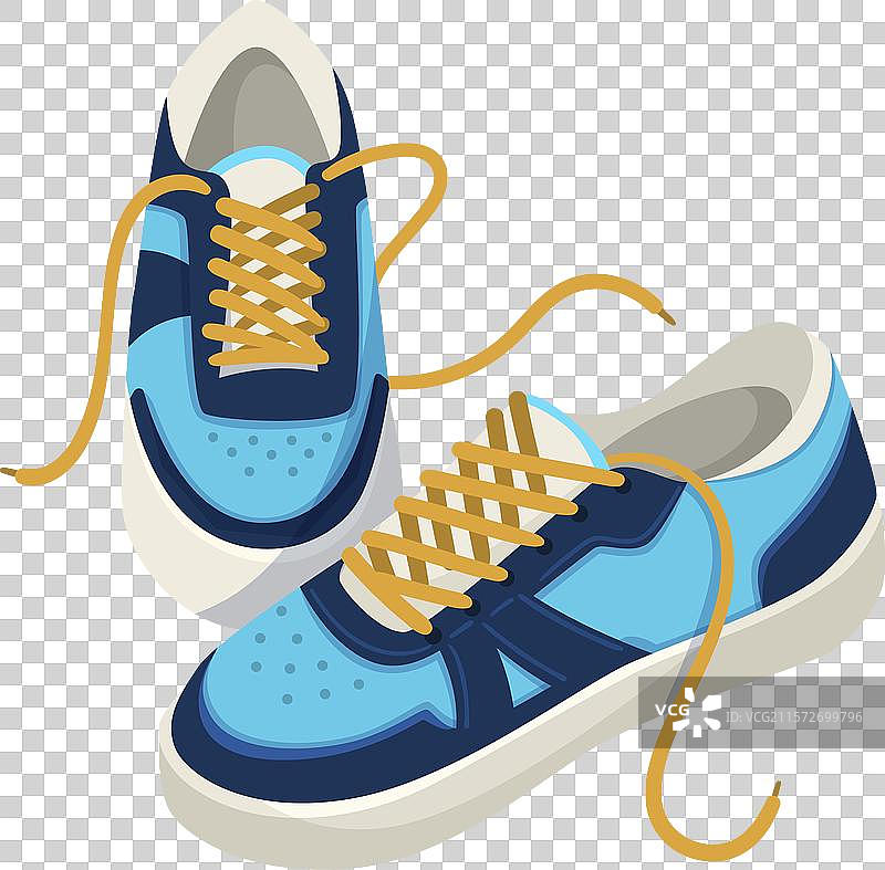 一双蓝色和黄色的运动鞋，上面系着鞋带图片素材