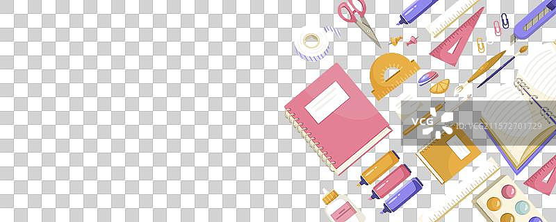 各种文具摆放在紫色背景上图片素材