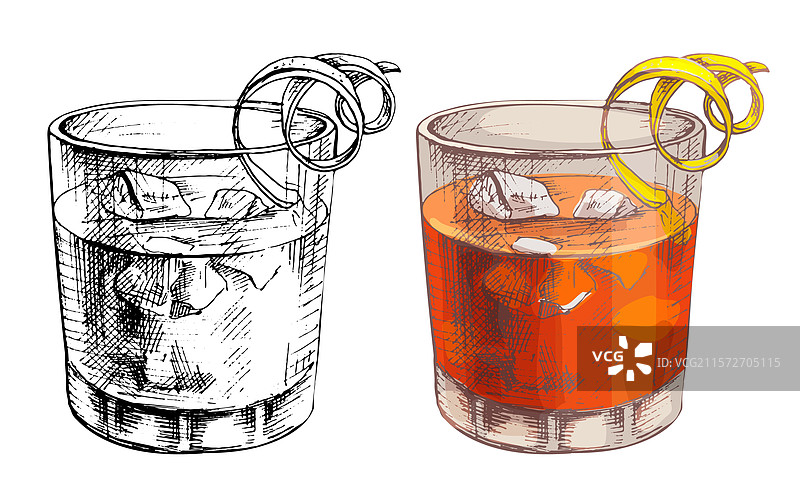 尼格罗尼鸡尾酒，配冰块和柠檬皮片图片素材