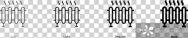 加热器图标，细线、常规和粗体风格图片素材
