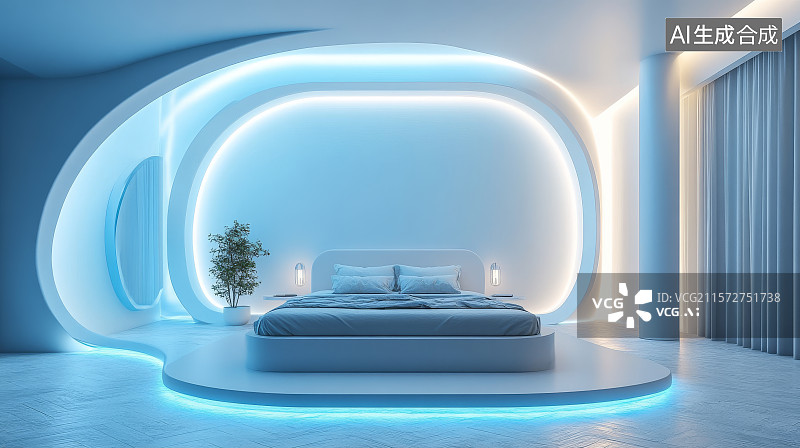 【AI数字艺术】现代卧室设计，蓝色灯光环绕床铺图片素材