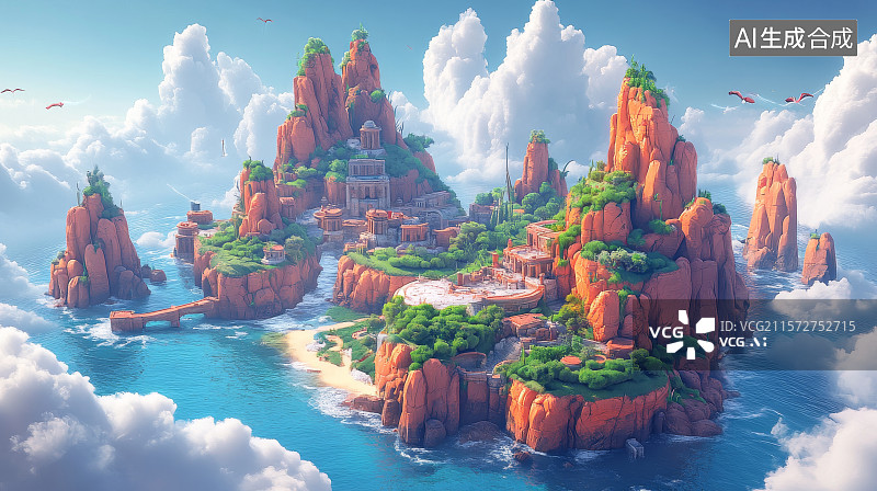 【AI数字艺术】梦幻岛屿与建筑图片素材