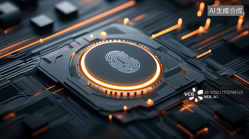 【AI数字艺术】3D渲染科技风黑色背景下的发光指纹图片素材