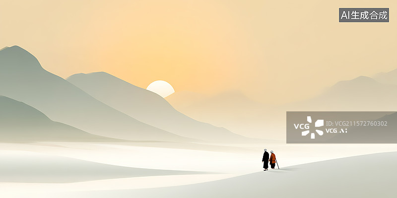 【AI数字艺术】极简风老年夫妻相互搀扶行走在黄昏夕阳风景中插画——重阳节主题插画图片素材