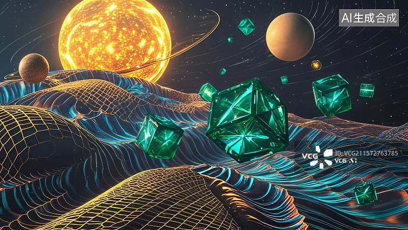 【AI数字艺术】宇宙中的绿色晶体与行星图片素材