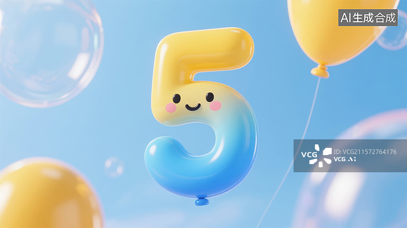 【AI数字艺术】数字五气球飘浮在蓝天中图片素材