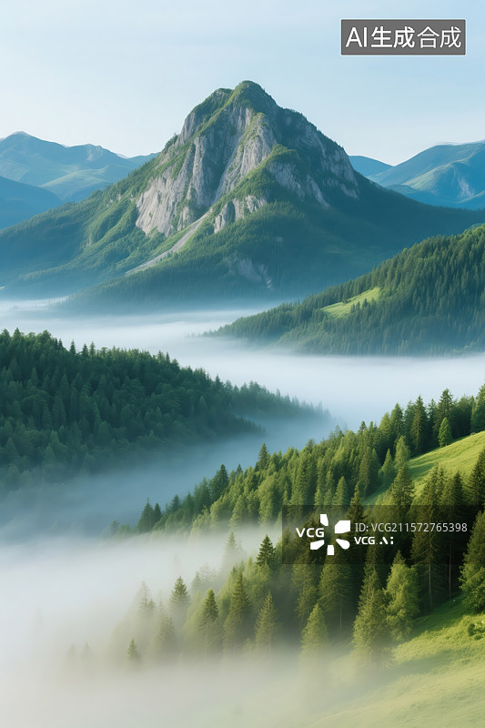 【AI数字艺术】晨雾漫青山：幽林远岫图片素材