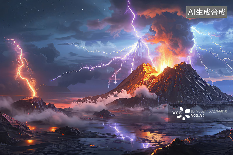 【AI数字艺术】火山爆发与闪电图片素材