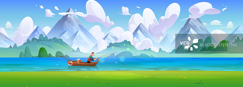 山湖上划船钓鱼的男人图片素材