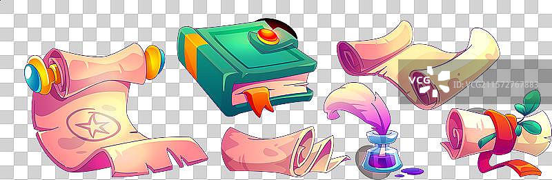 古老的魔法书，带有羊皮纸页和卷轴图片素材