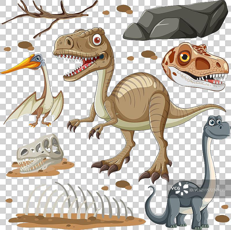 各种恐龙和化石在史前时代图片素材