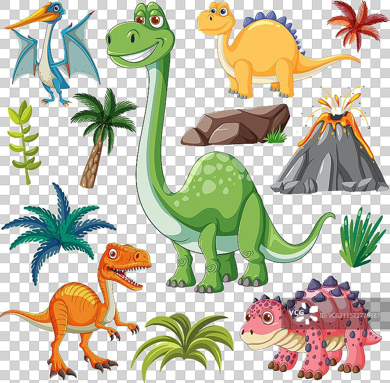各种恐龙与植物和火山图片素材
