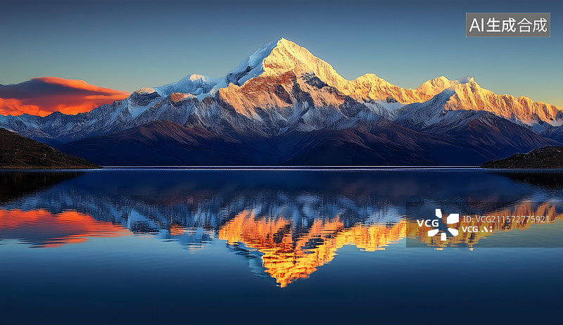 【AI数字艺术】瑰丽的雪山倒映在湖面上，夕阳的光辉映照，形成梦幻的景象图片素材