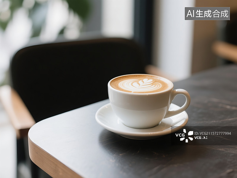 【AI数字艺术】室内咖啡馆的桌上，放着一杯拉花咖啡，简约优雅风格，特写，精致氛围，高品质图片素材