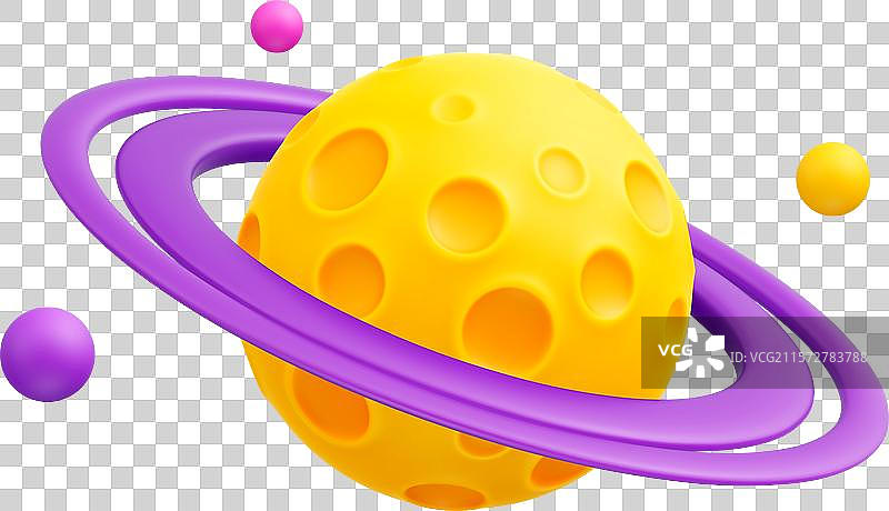 卡通风格的黄色行星，表面有陨石坑，周围环绕着紫色光环图片素材