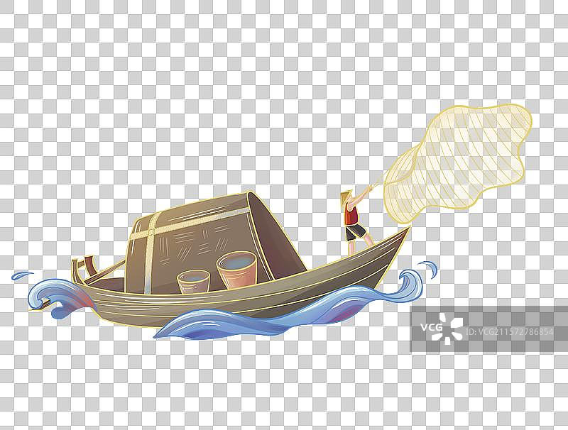 站在船头撒网捕鱼的渔夫元素插画图片素材