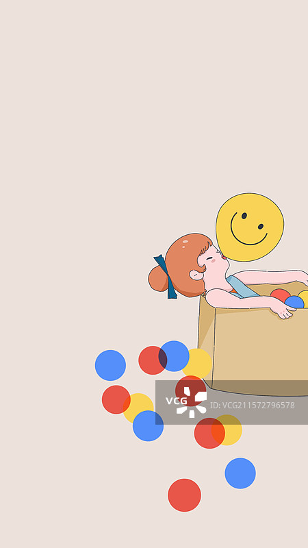 躺在纸箱的小女孩吹着气球图片素材