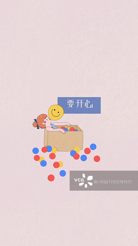 小女孩躺在纸箱里吹气球图片素材
