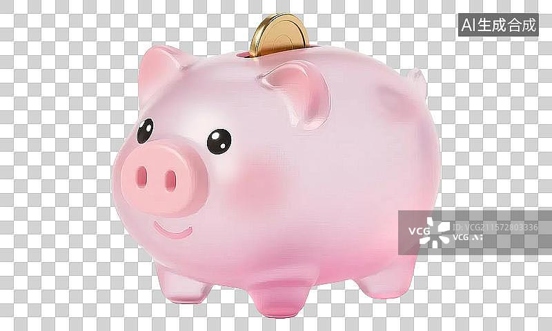 【AI数字艺术】硬币投入粉色半透明小猪存钱罐 3D金融理财投资保险存钱诚信交易购物消费银行股市贸易市场主题三维立体图片素材