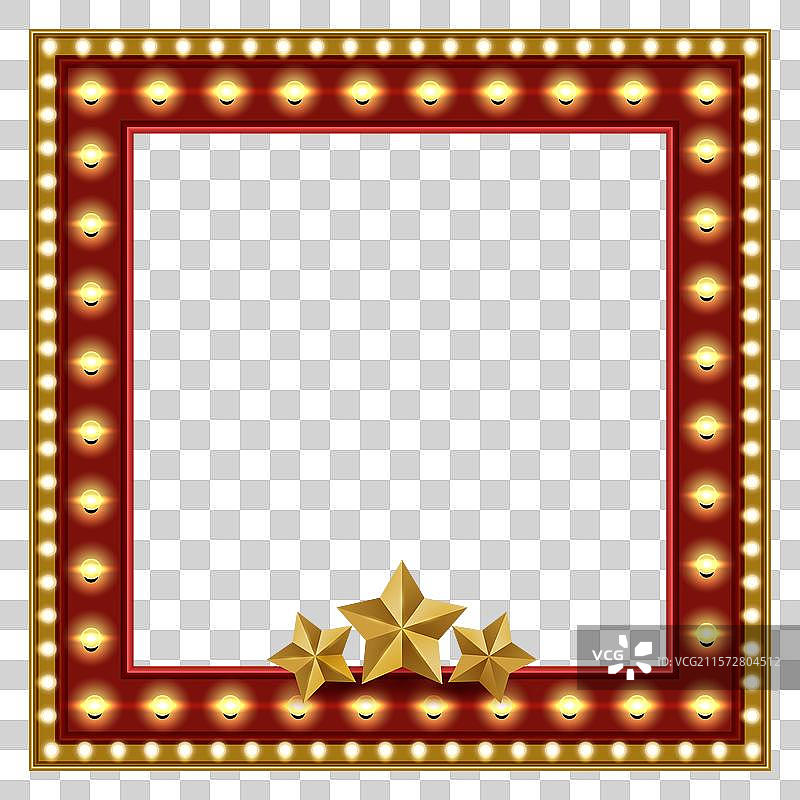复古金色红框，配有灯泡和星星图片素材