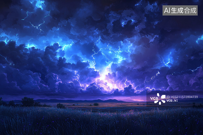 【AI数字艺术】草原上空的云团，电闪雷鸣图片素材