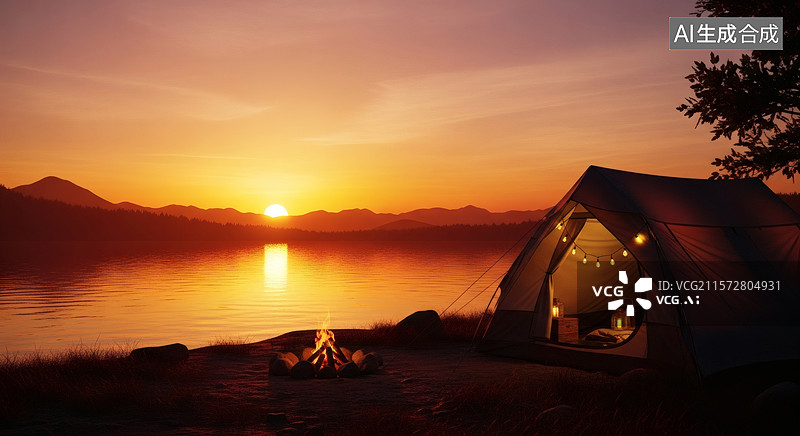 【AI数字艺术】夕阳下的露营图片素材