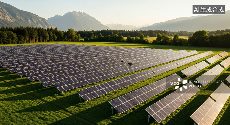【AI数字艺术】阿尔卑斯山牧场上的大型太阳能电池板阵列图片素材