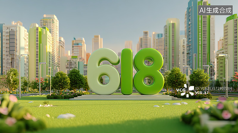 【AI数字艺术】数字618，城市公园背景，电商购物节年中大促销图片素材