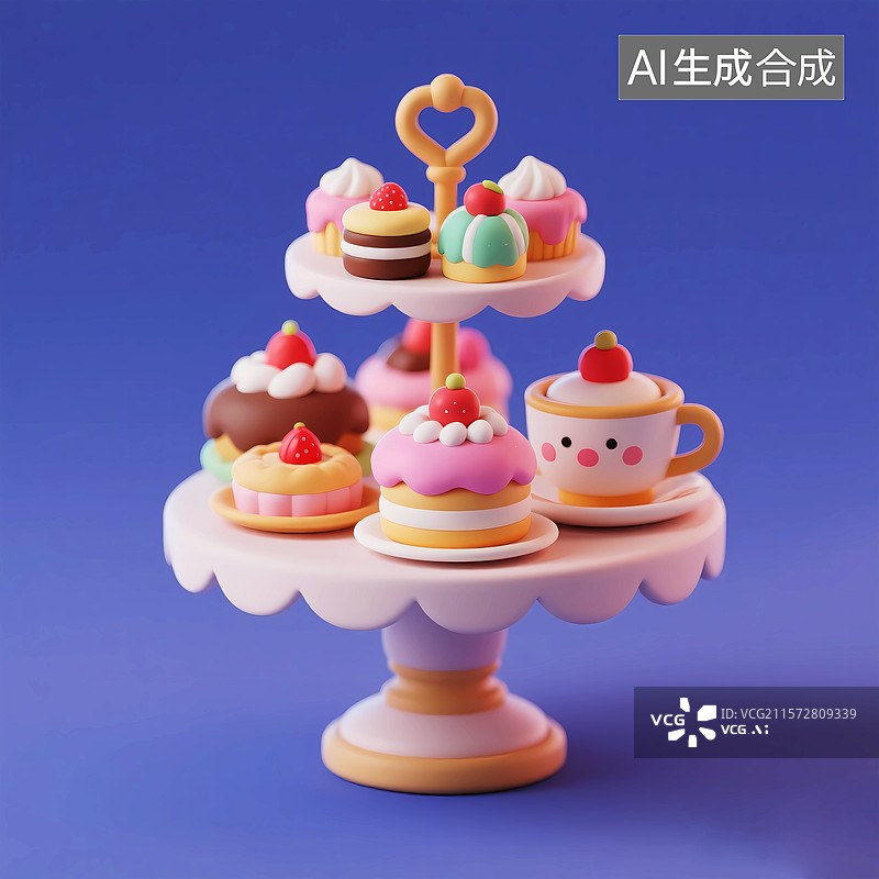 【AI数字艺术】3d卡通甜品下午茶马卡龙小蛋糕图片素材