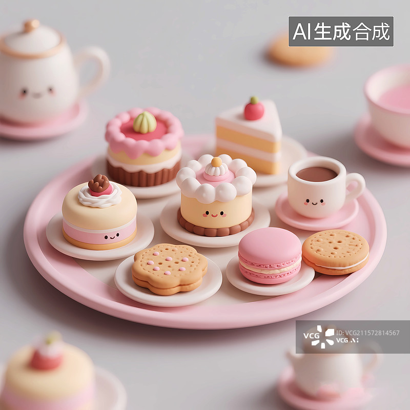 【AI数字艺术】3d卡通甜品下午茶马卡龙小蛋糕图片素材