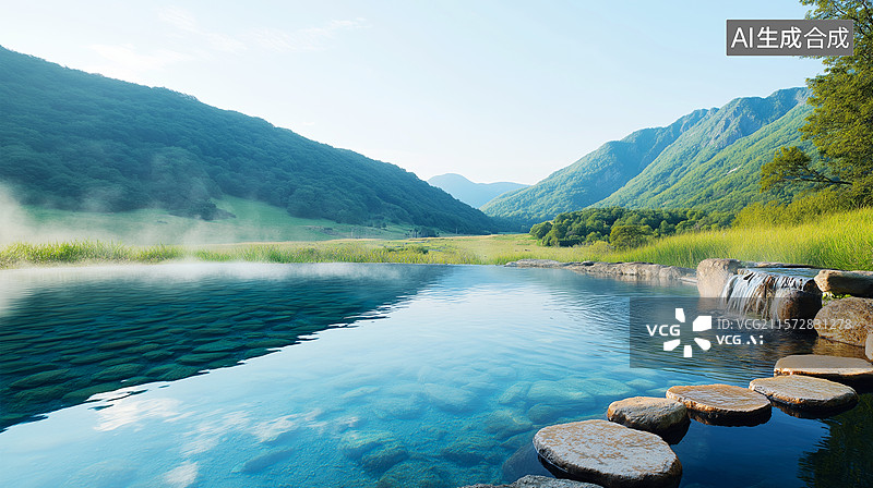 【AI数字艺术】山间清澈温泉池图片素材