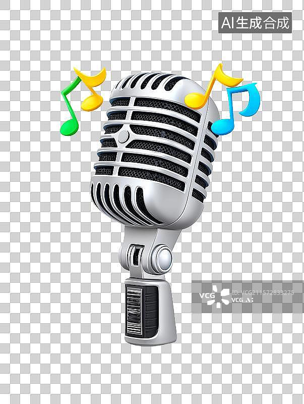 【AI数字艺术】【免抠png素材】一个金属话筒周围飘荡着音乐符号图片素材