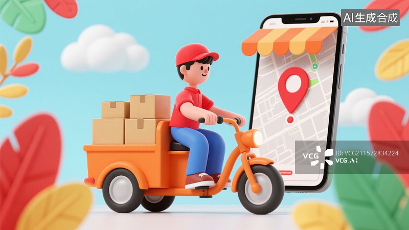【AI数字艺术】3D三维快递员在运送快递货物搬运包裹三轮车GPS手机地图图片素材