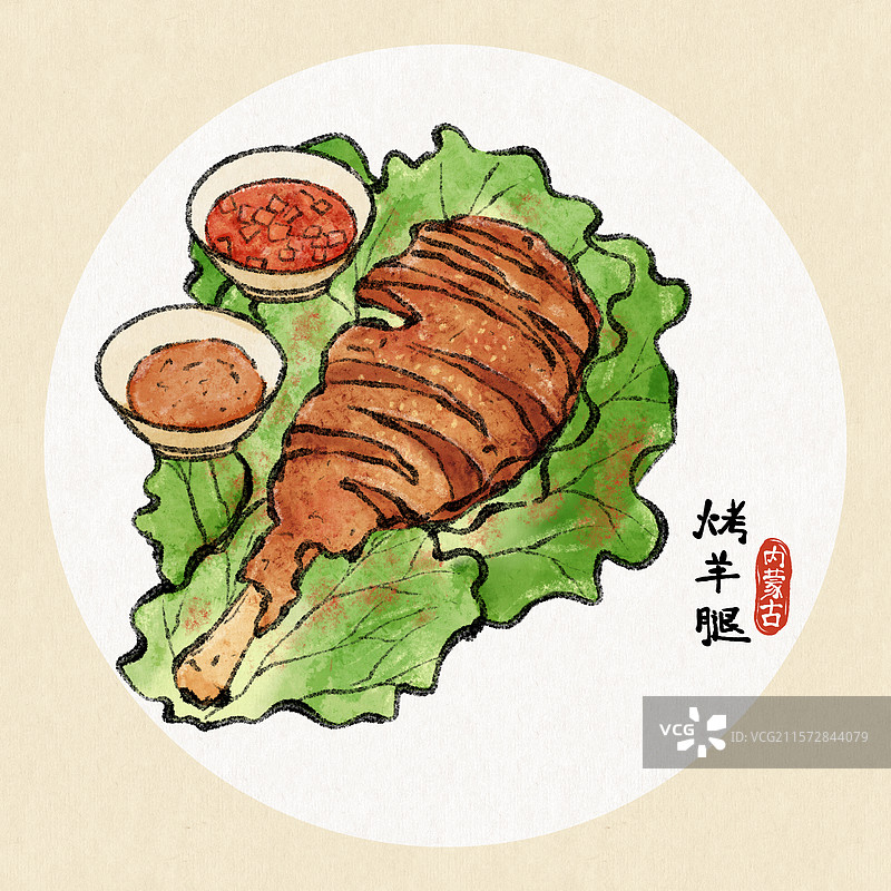 内蒙古美食国风插画-烤羊腿图片素材