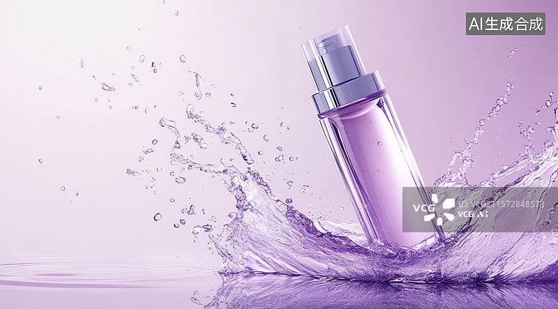 【AI数字艺术】紫色化妆品瓶与水花飞溅图片素材