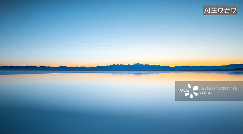 【AI数字艺术】宁静的湖面与远山日落图片素材