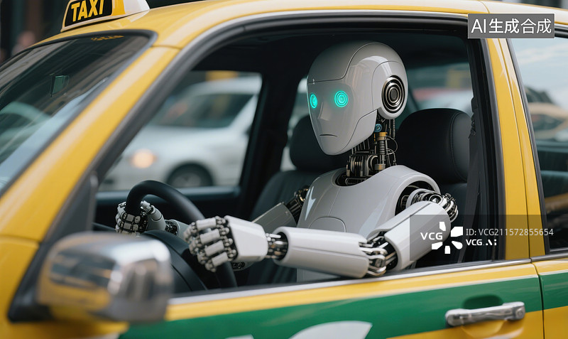【AI数字艺术】Ai人工智能机器人在城市街道上驾驶出租车图片素材