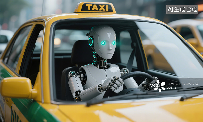 【AI数字艺术】Ai人工智能机器人在城市街道上驾驶出租车图片素材