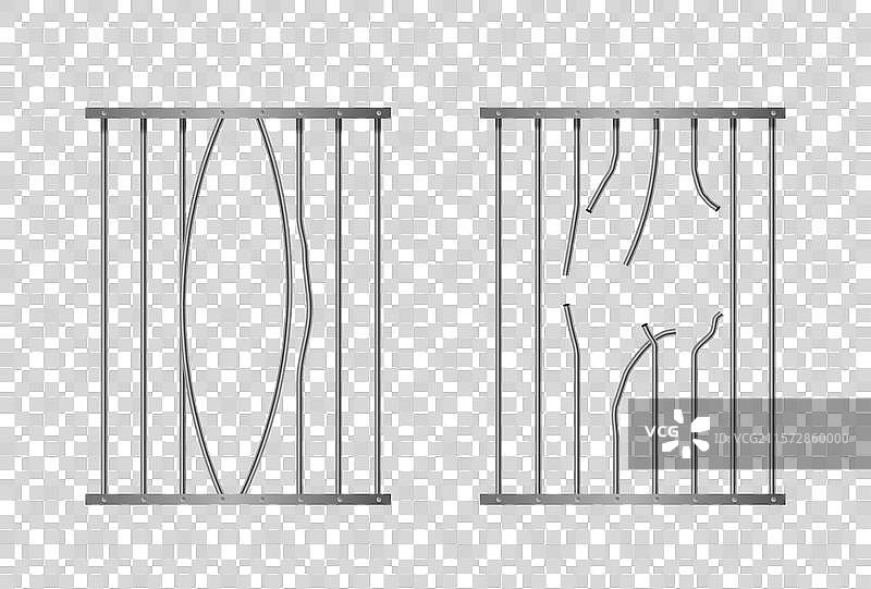 两组监狱铁栏杆，一组弯曲的，另一组则是正常的。图片素材