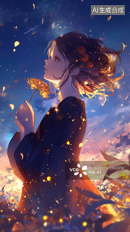 【AI数字艺术】梦幻少女与飞舞花瓣图片素材